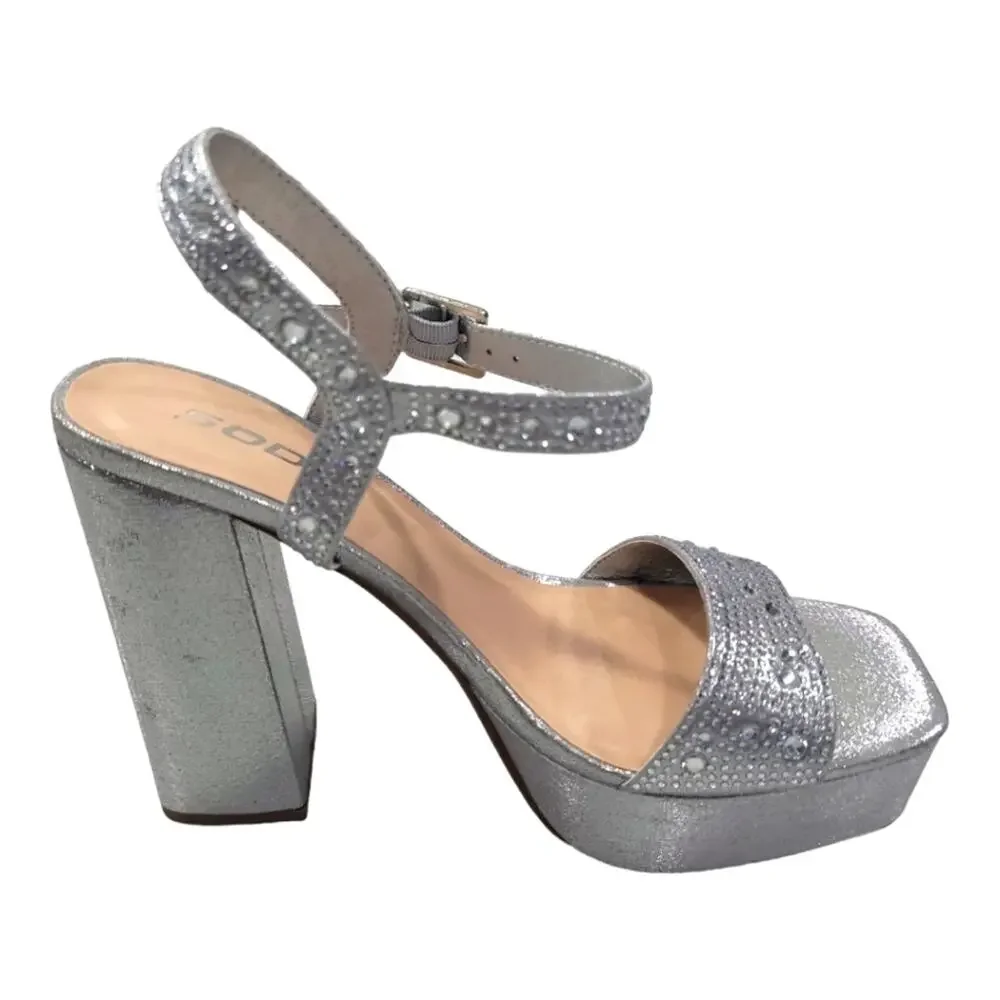 Silver Rhinestone Studded Platform Strappy Heels